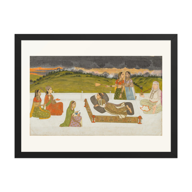 A princess reclining on a terrace with attendants — Restored Mughal Wall Art
