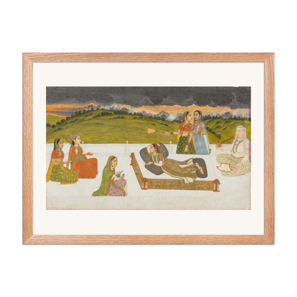 A princess reclining on a terrace with attendants — Restored Mughal Wall Art — view 3