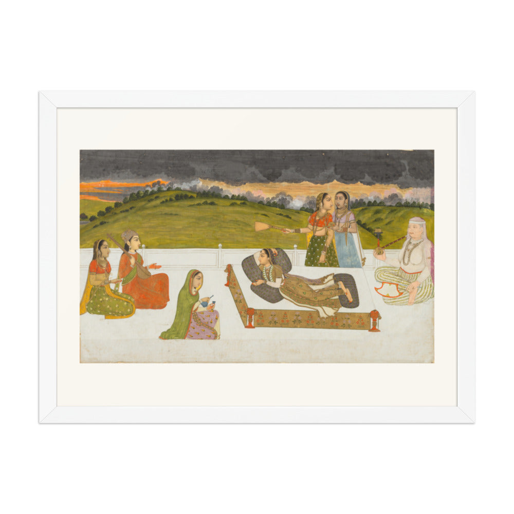 A princess reclining on a terrace with attendants — Restored Mughal Wall Art — view 5
