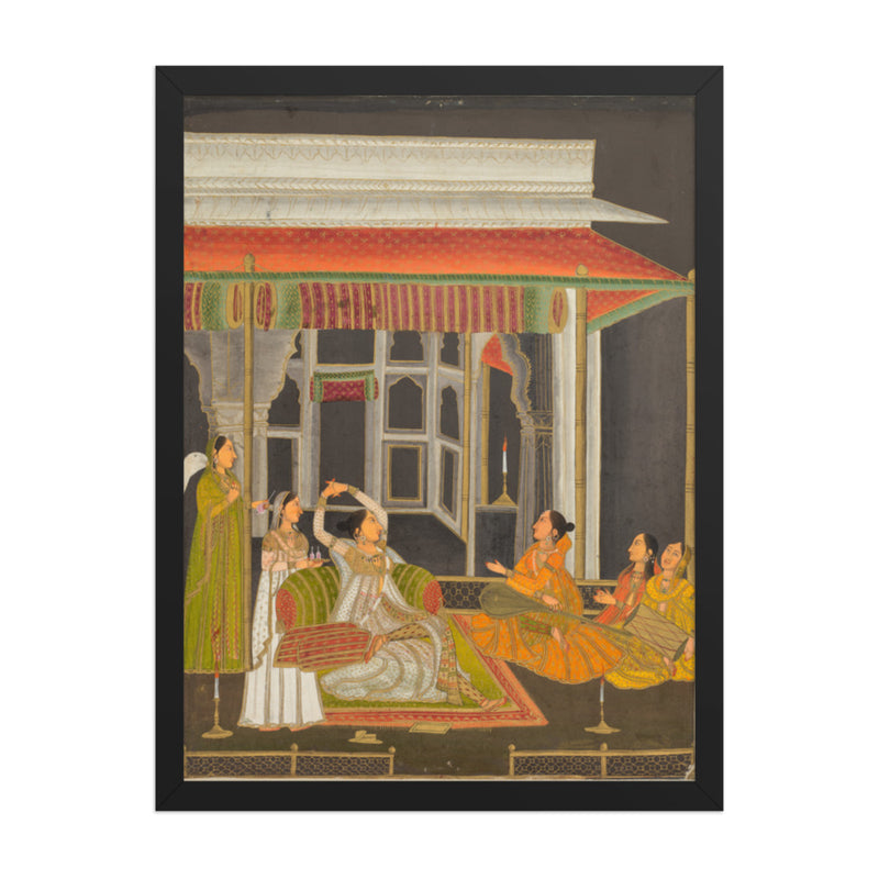 A Princess on a Terrace with Attendants at Night — Restored Mughal Wall Art