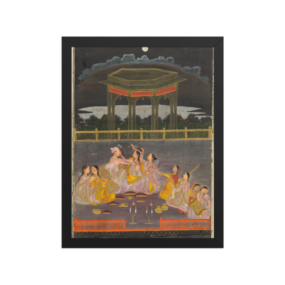 A prince celebrating Holi with palace women on a terrace at night — Restored Mughal Wall Art — view 2