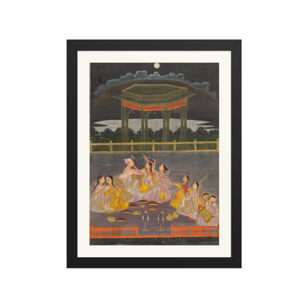 A prince celebrating Holi with palace women on a terrace at night — Restored Mughal Wall Art — view 2