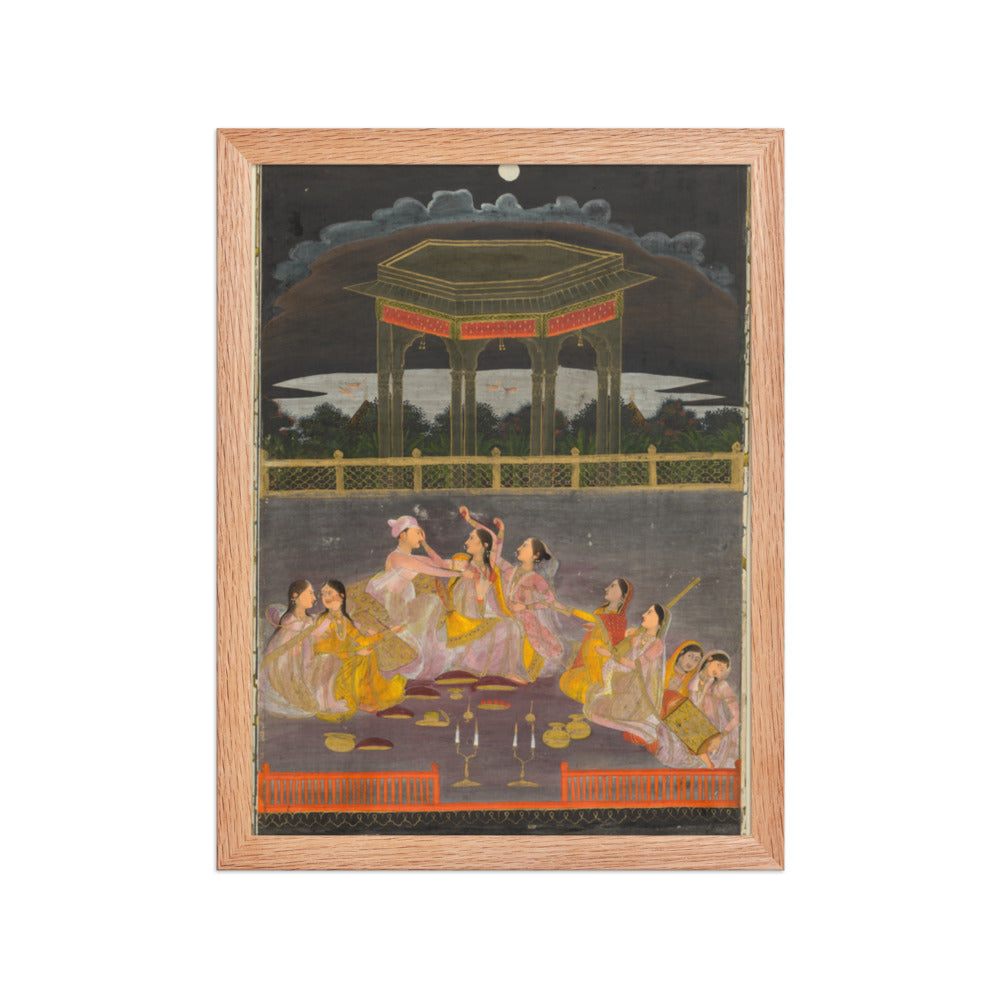 A prince celebrating Holi with palace women on a terrace at night — Restored Mughal Wall Art — view 4