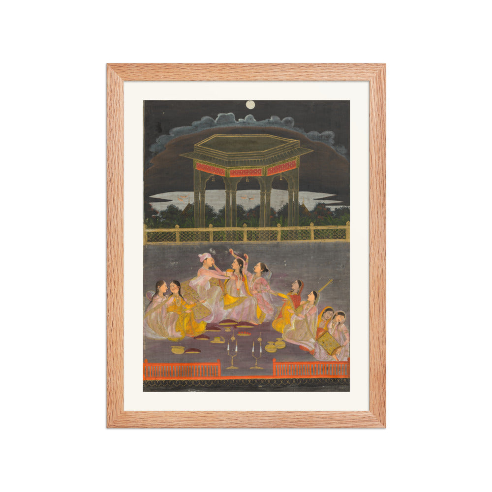 A prince celebrating Holi with palace women on a terrace at night — Restored Mughal Wall Art — view 4