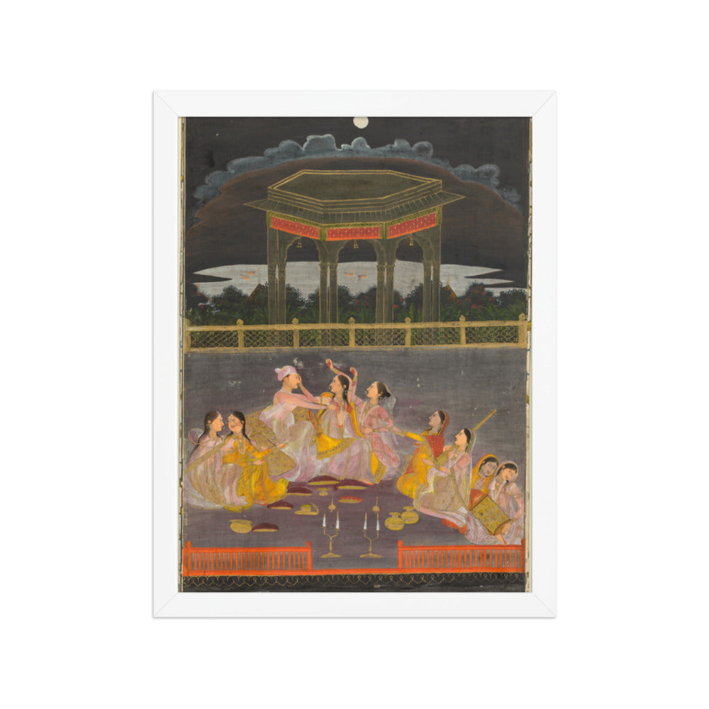 A prince celebrating Holi with palace women on a terrace at night — Restored Mughal Wall Art — view 6