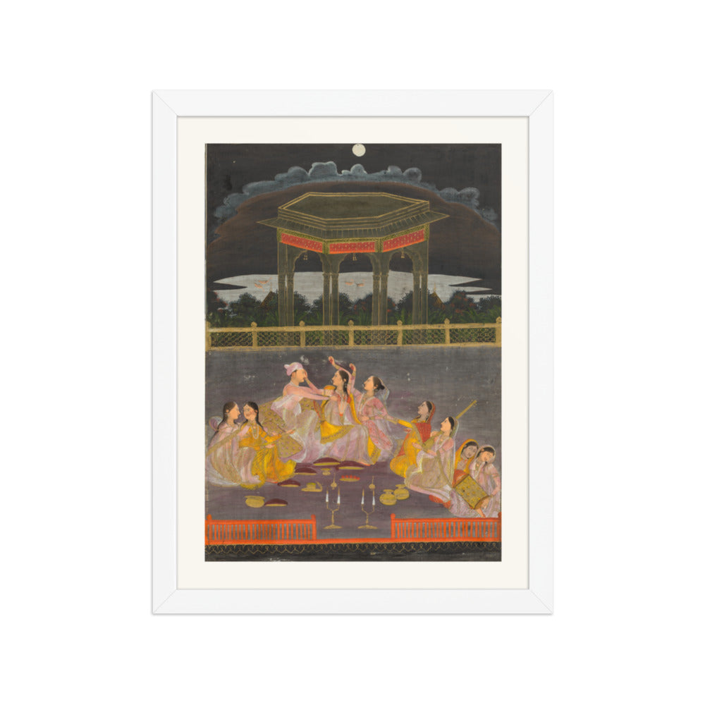 A prince celebrating Holi with palace women on a terrace at night — Restored Mughal Wall Art — view 6