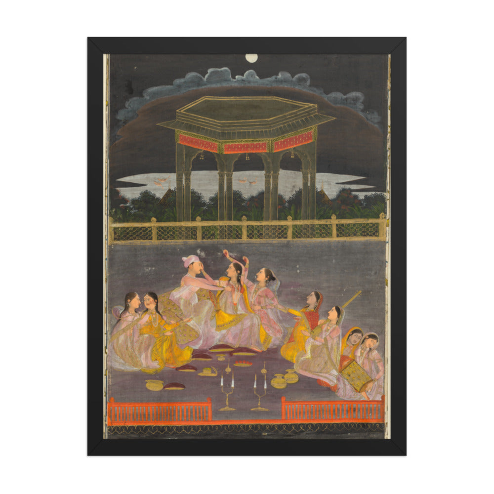 A prince celebrating Holi with palace women on a terrace at night — Restored Mughal Wall Art — view 1