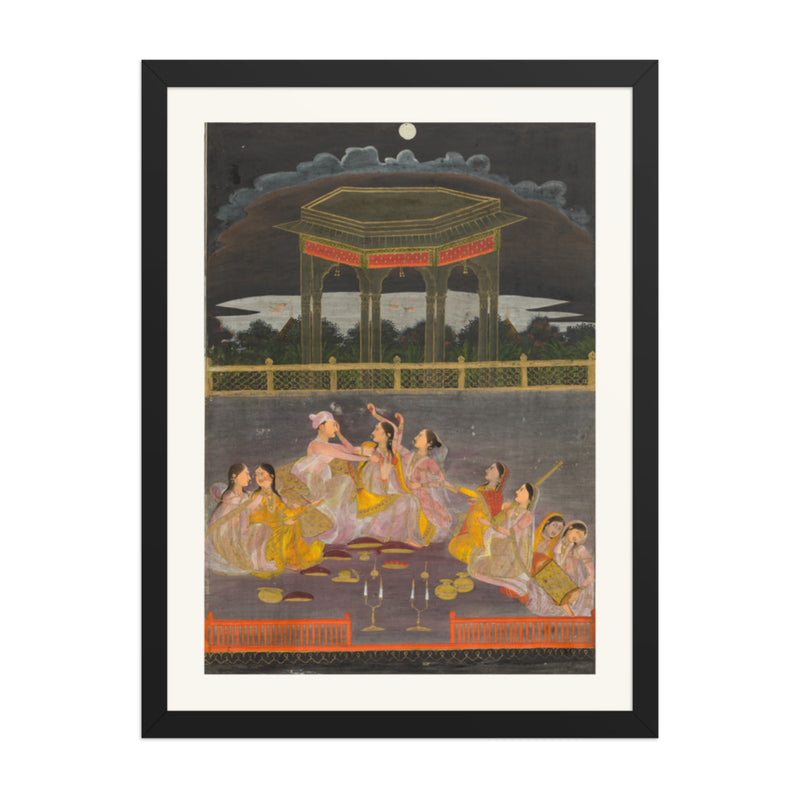 A prince celebrating Holi with palace women on a terrace at night — Restored Mughal Wall Art