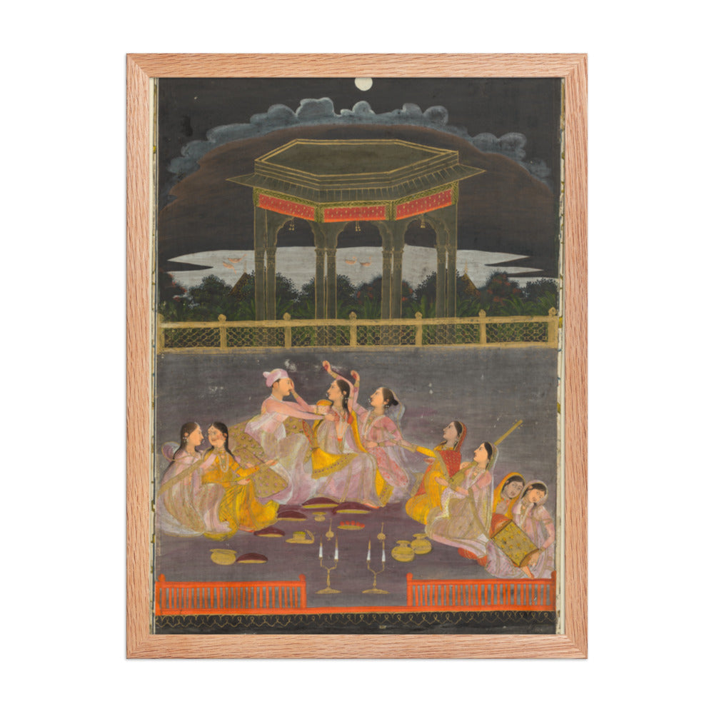A prince celebrating Holi with palace women on a terrace at night — Restored Mughal Wall Art — view 3