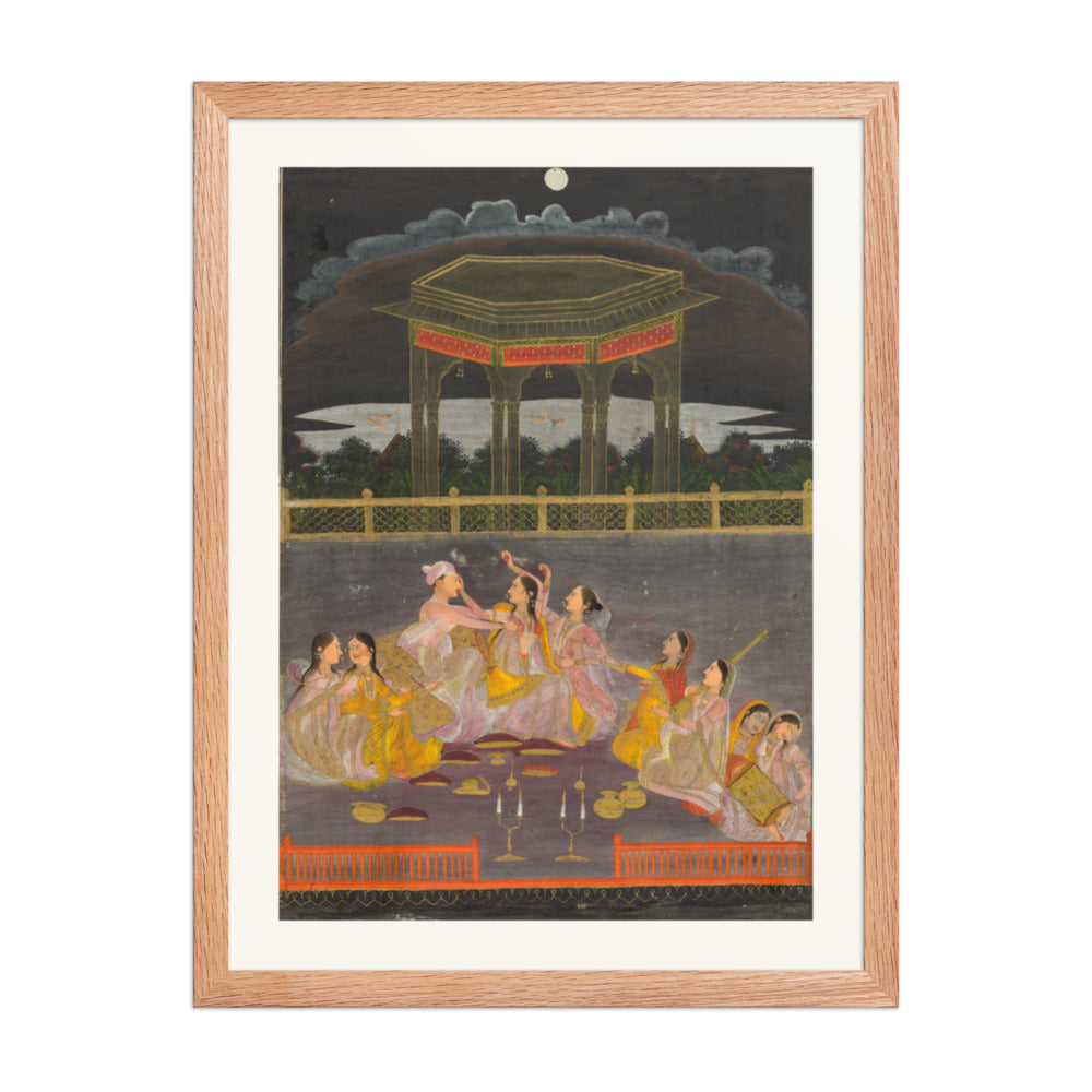 A prince celebrating Holi with palace women on a terrace at night — Restored Mughal Wall Art — view 3