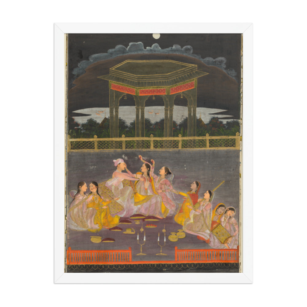 A prince celebrating Holi with palace women on a terrace at night — Restored Mughal Wall Art — view 5