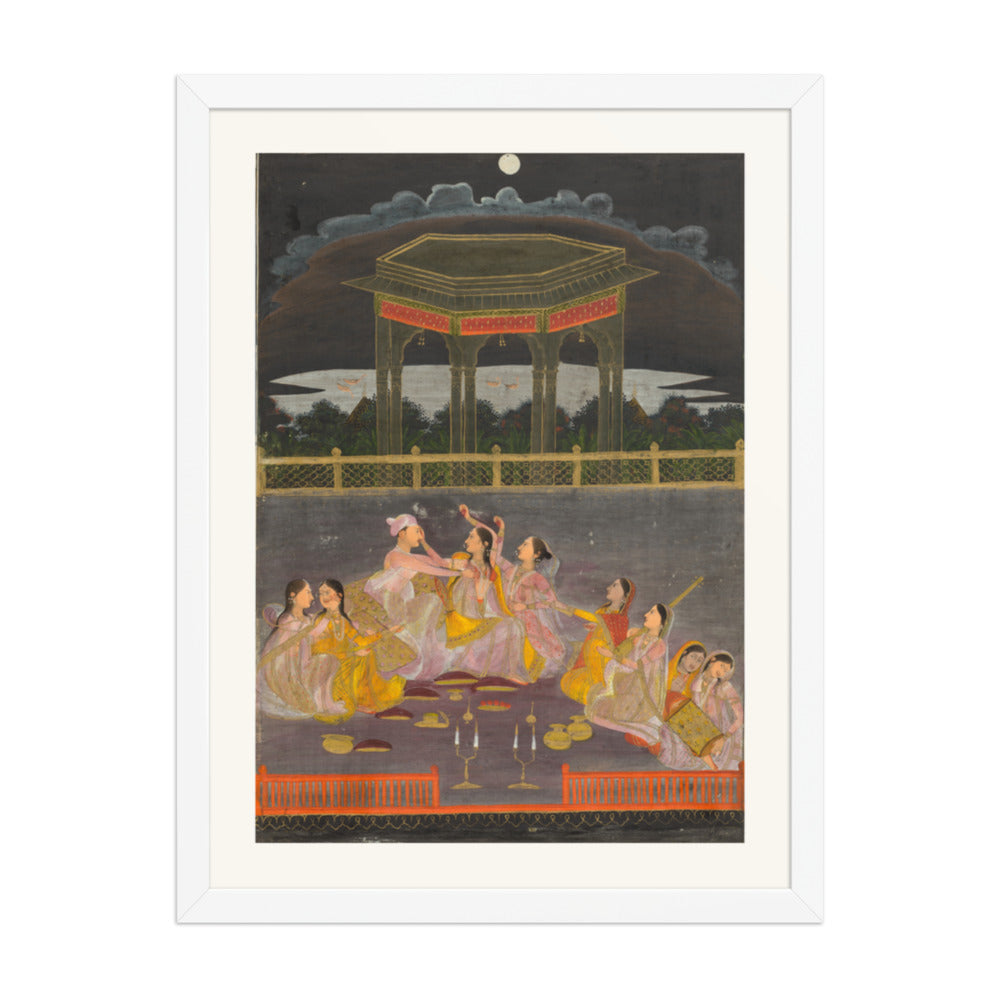 A prince celebrating Holi with palace women on a terrace at night — Restored Mughal Wall Art — view 5