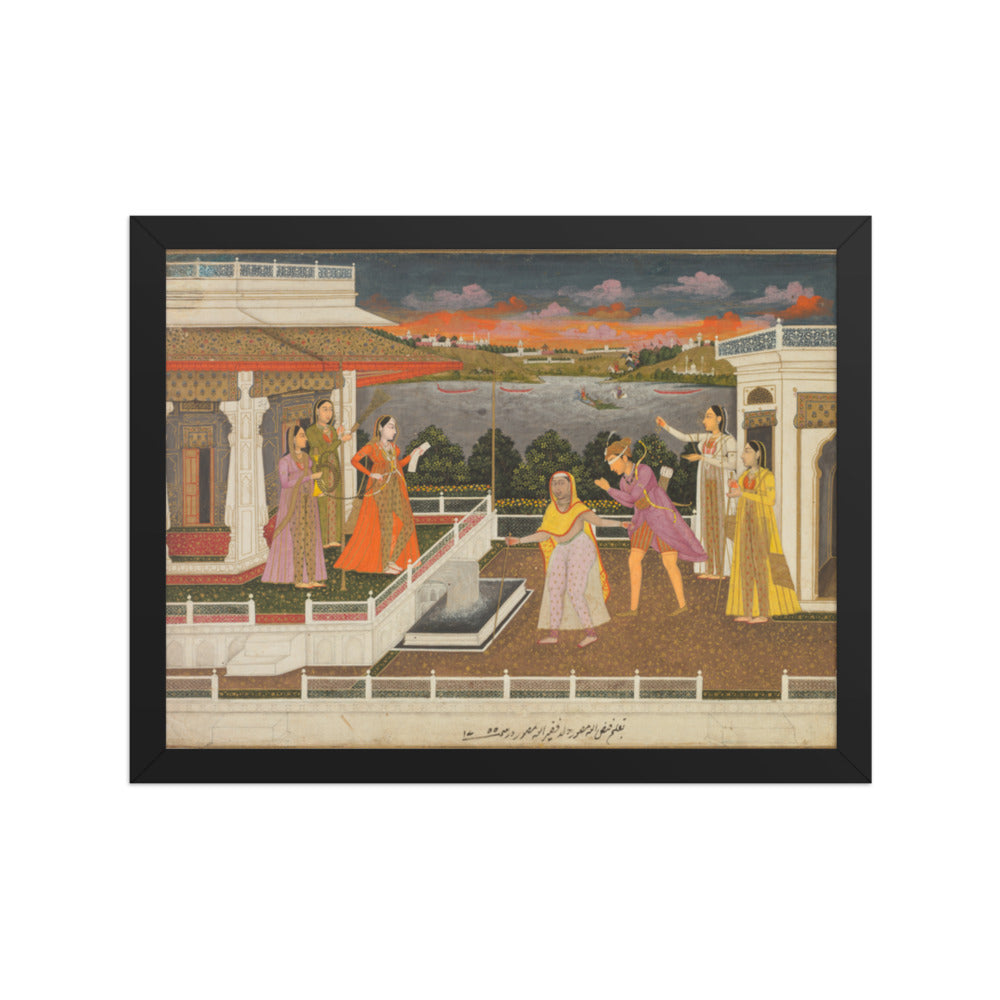 A blindfolded suitor is brought before a princess; verso: scrolling — Restored Mughal Wall Art — view 2