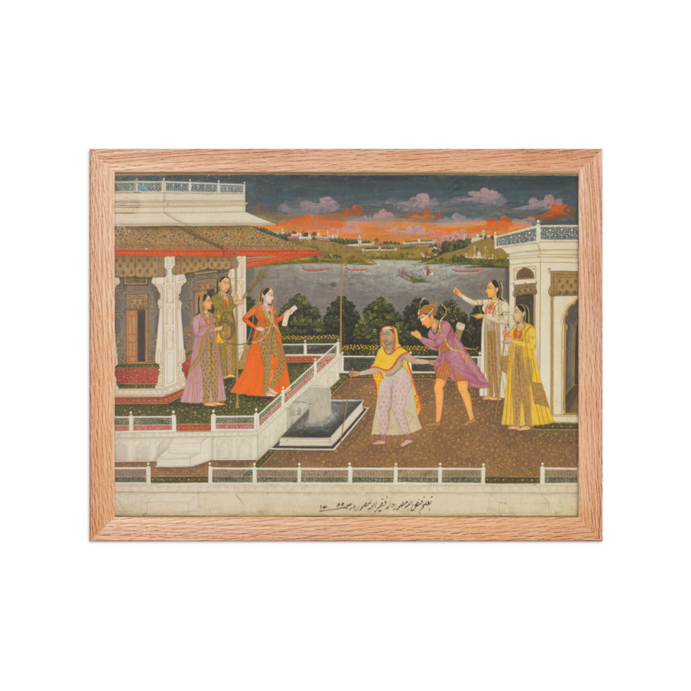 A blindfolded suitor is brought before a princess; verso: scrolling — Restored Mughal Wall Art — view 4