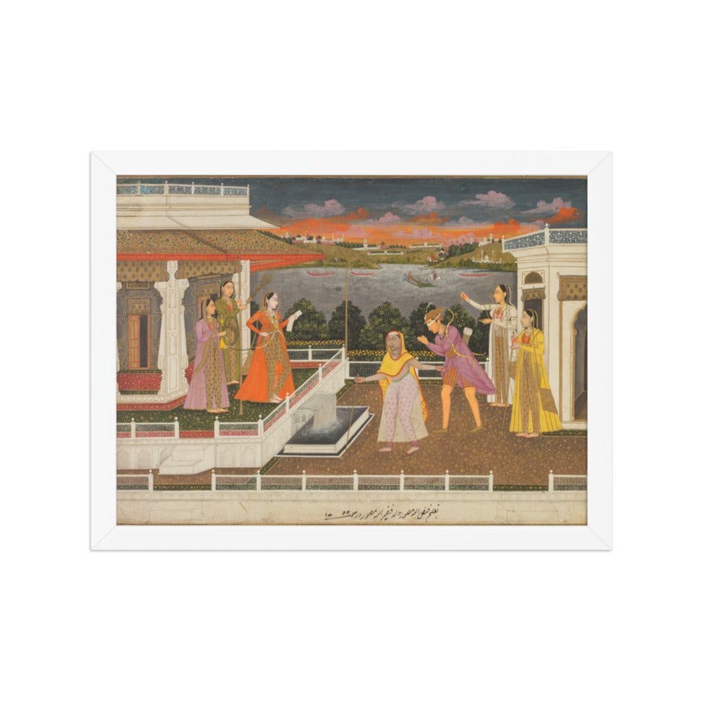 A blindfolded suitor is brought before a princess; verso: scrolling — Restored Mughal Wall Art — view 6