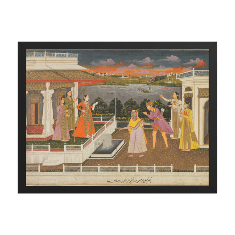 A blindfolded suitor is brought before a princess; verso: scrolling — Restored Mughal Wall Art — view 1