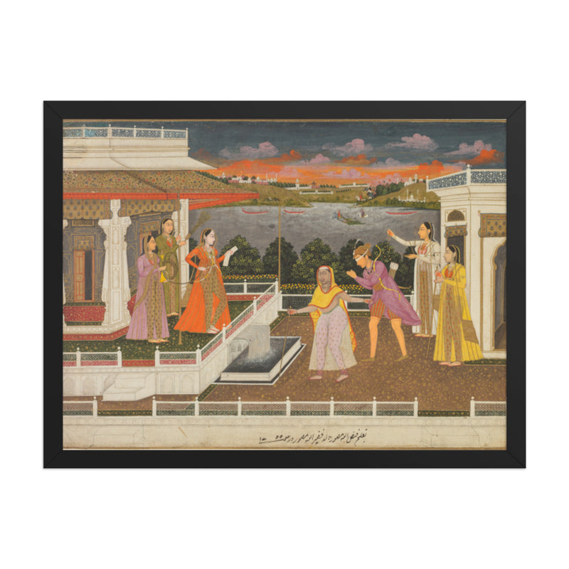 A blindfolded suitor is brought before a princess; verso: scrolling — Restored Mughal Wall Art