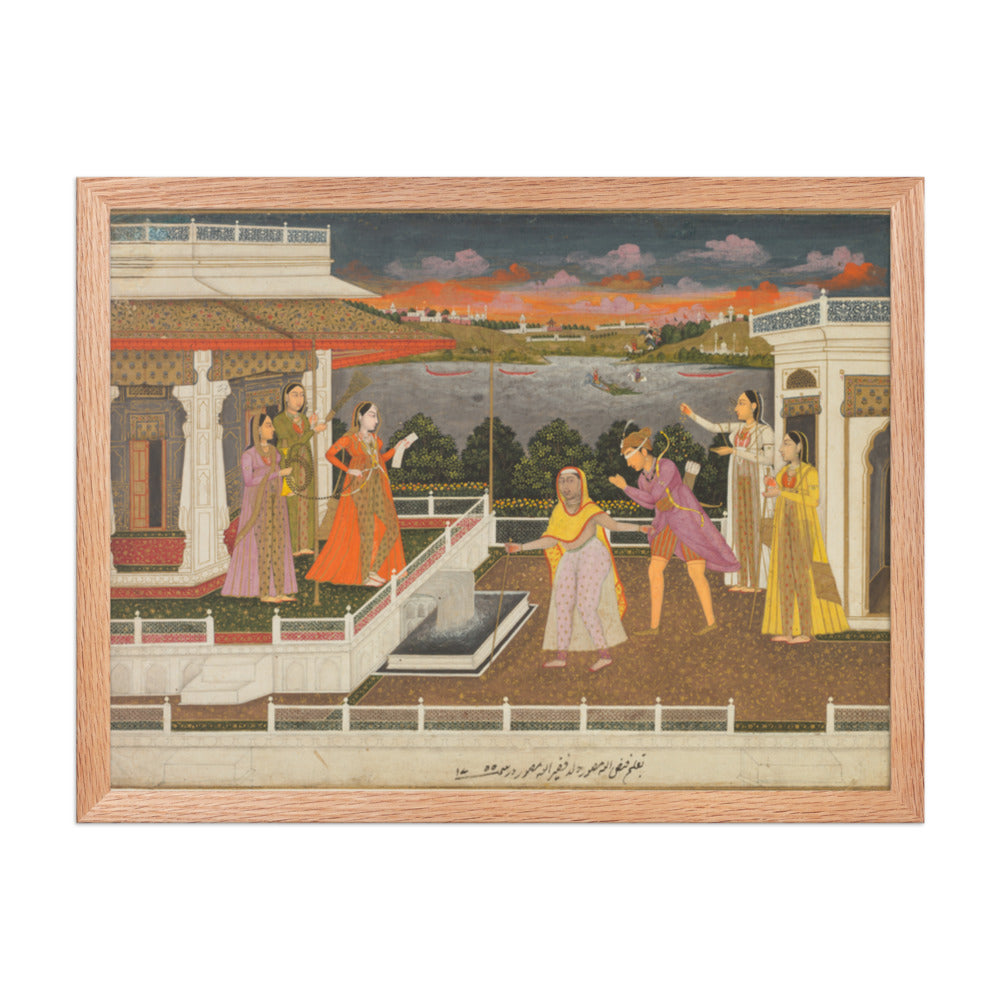 A blindfolded suitor is brought before a princess; verso: scrolling — Restored Mughal Wall Art — view 3