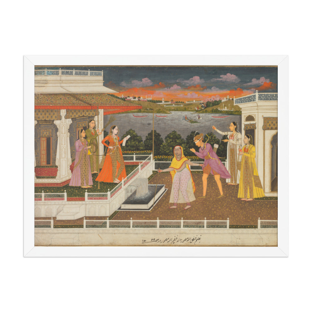 A blindfolded suitor is brought before a princess; verso: scrolling — Restored Mughal Wall Art — view 5