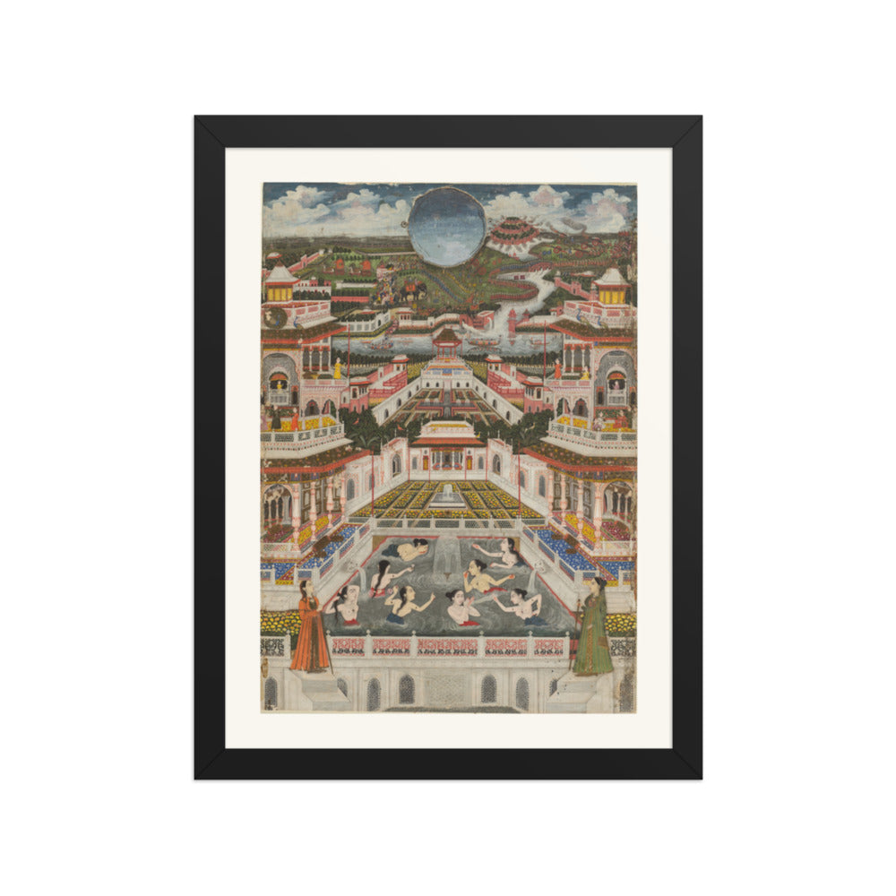 Women Bathing before a Palace Panorama, by Fayzullah — Restored Mughal Wall Art — view 2