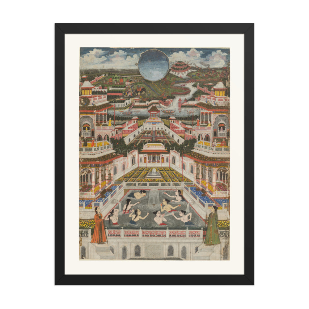 Women Bathing before a Palace Panorama, by Fayzullah — Restored Mughal Wall Art — view 1