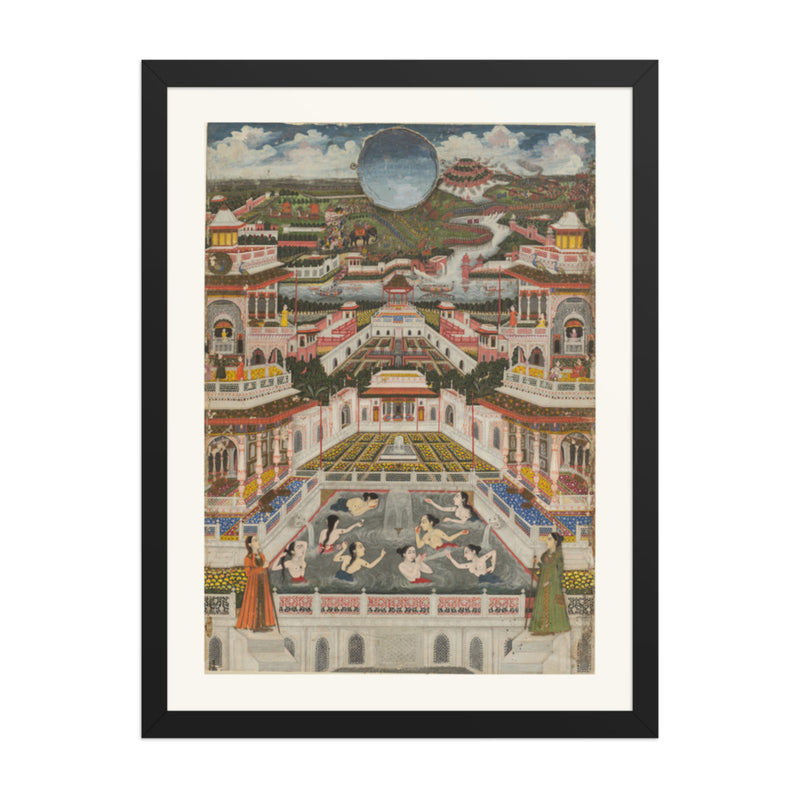 Women Bathing before a Palace Panorama, by Fayzullah — Restored Mughal Wall Art