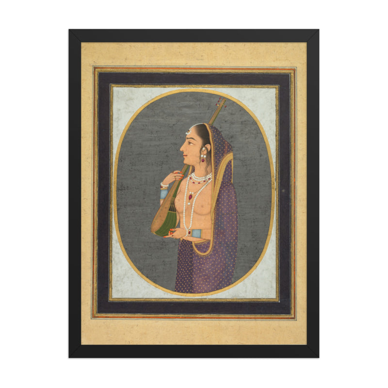 Court lady singing and playing the vina — Restored Mughal Wall Art