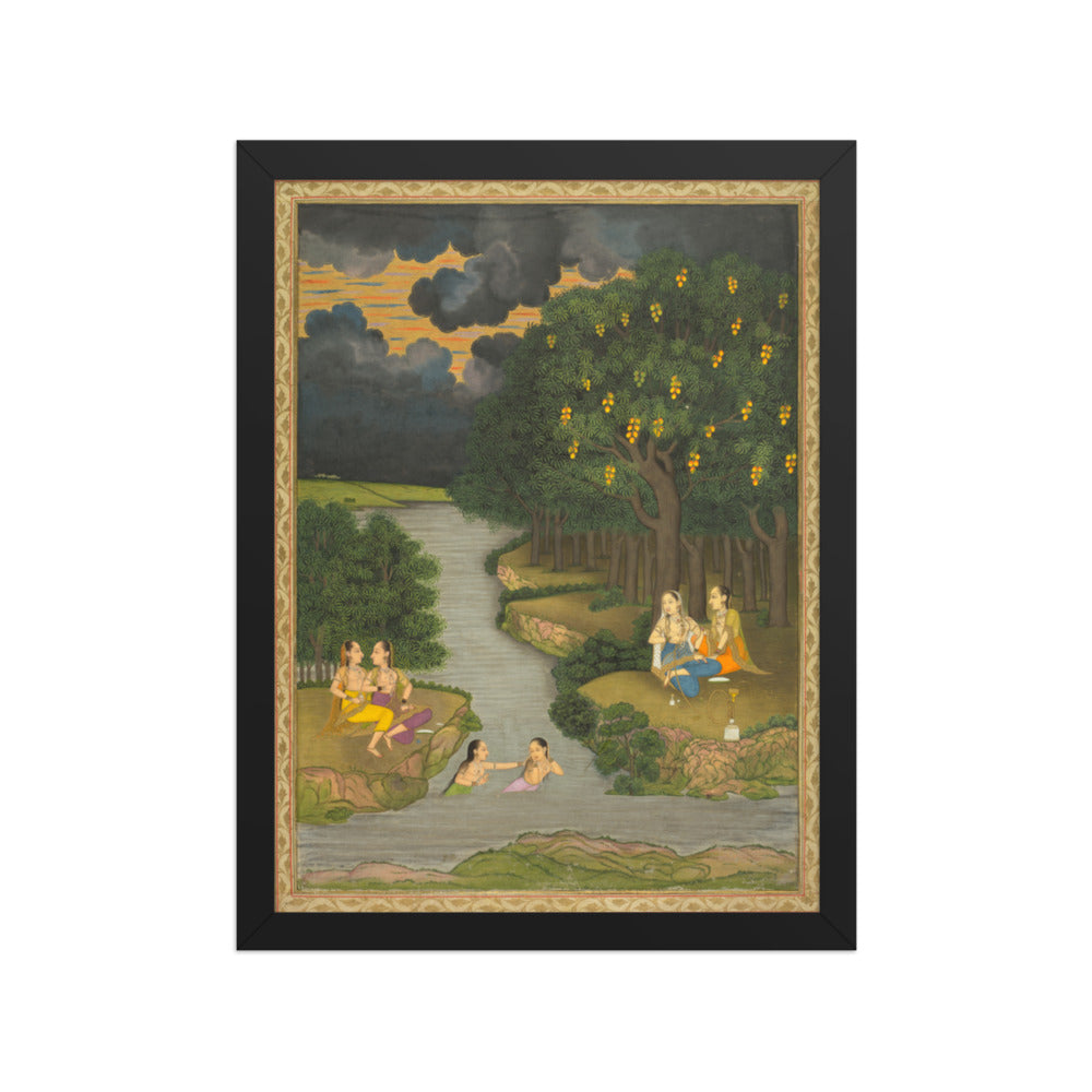 Women enjoying the river at the forest’s edge — Restored Mughal Wall Art — view 2