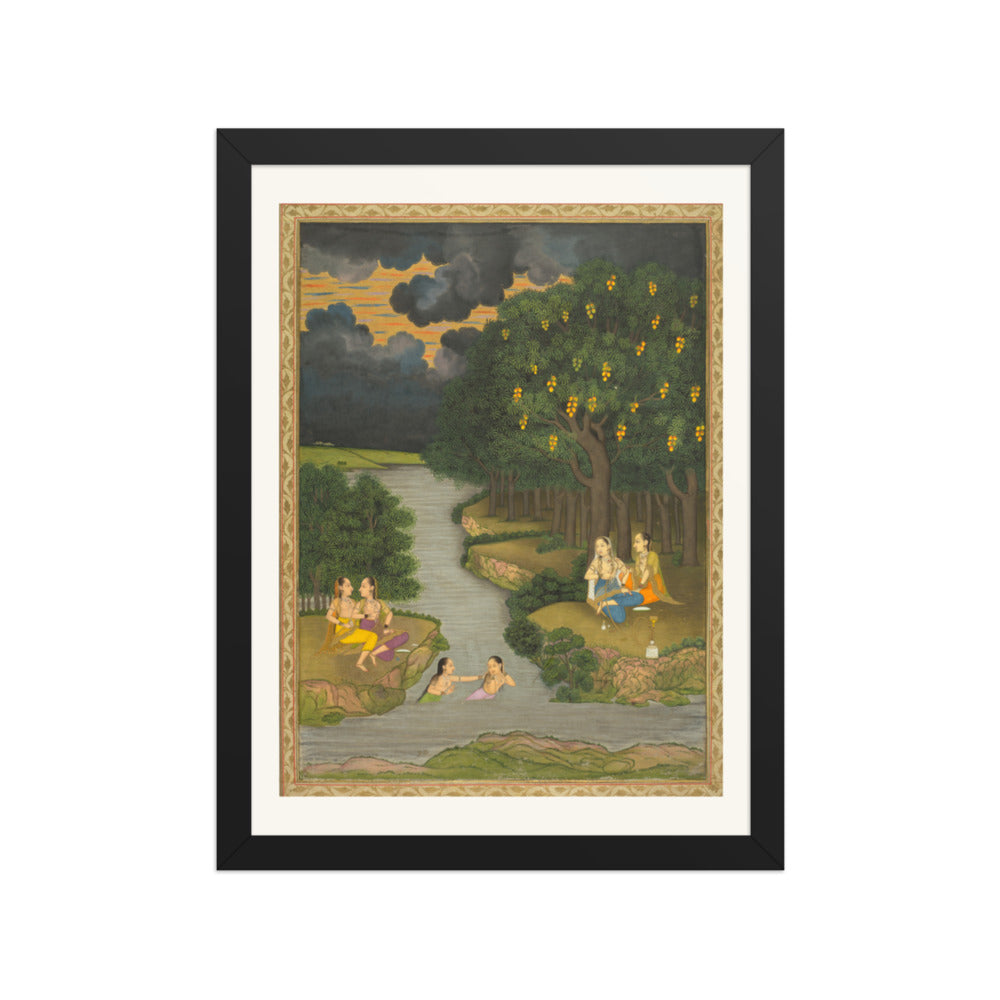 Women enjoying the river at the forest’s edge — Restored Mughal Wall Art — view 2