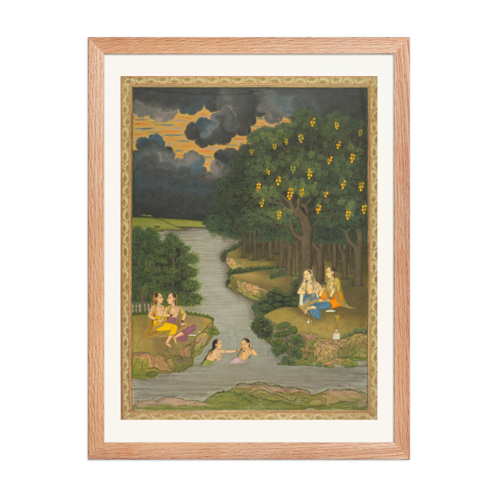 Women enjoying the river at the forest’s edge — Restored Mughal Wall Art — view 3