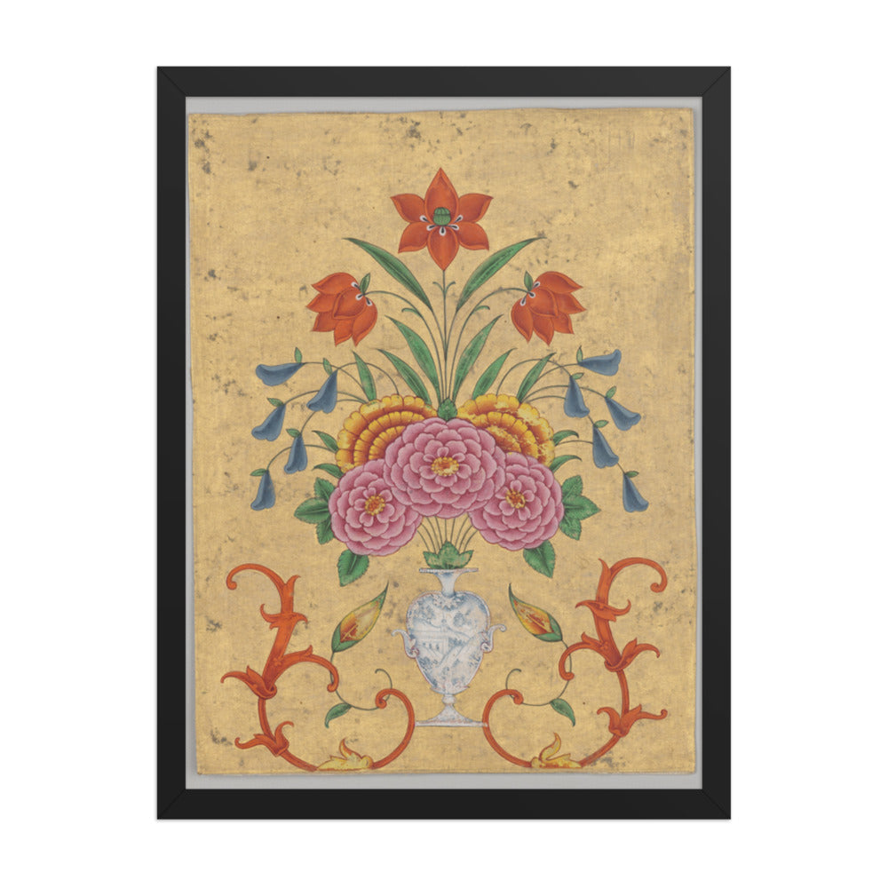 Vase with flower arrangement and scrollwork — Restored Mughal Wall Art — view 1