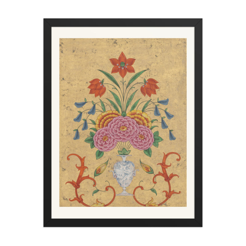 Vase with flower arrangement and scrollwork — Restored Mughal Wall Art