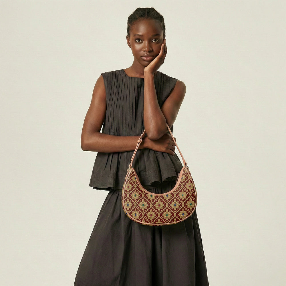 Shahi Zardozi — Wine & Gold Crescent Shoulder Bag — view 15