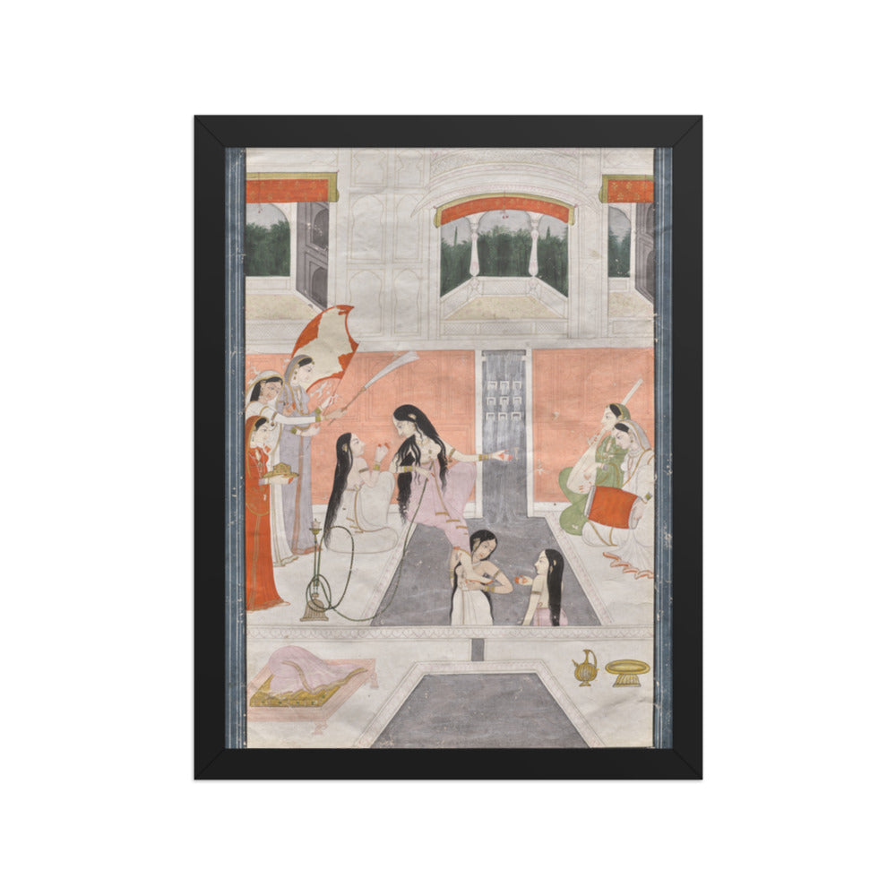 Palace women enjoy music by the side of a cascade — Restored Pahari Wall Art — view 2