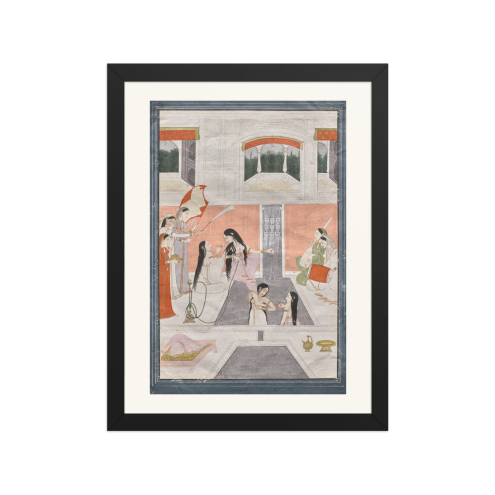 Palace women enjoy music by the side of a cascade — Restored Pahari Wall Art — view 2