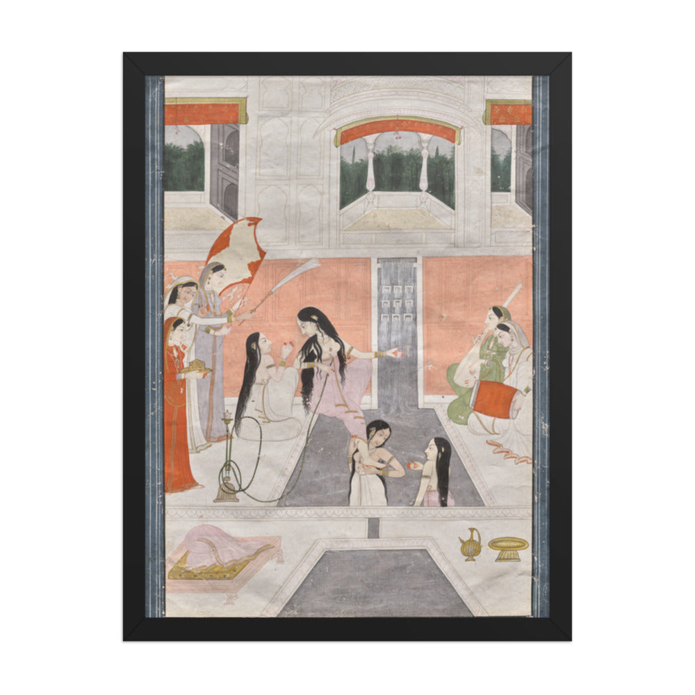 Palace women enjoy music by the side of a cascade — Restored Pahari Wall Art — view 1