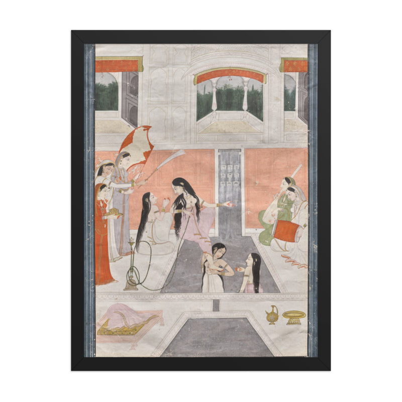 Palace women enjoy music by the side of a cascade — Restored Pahari Wall Art