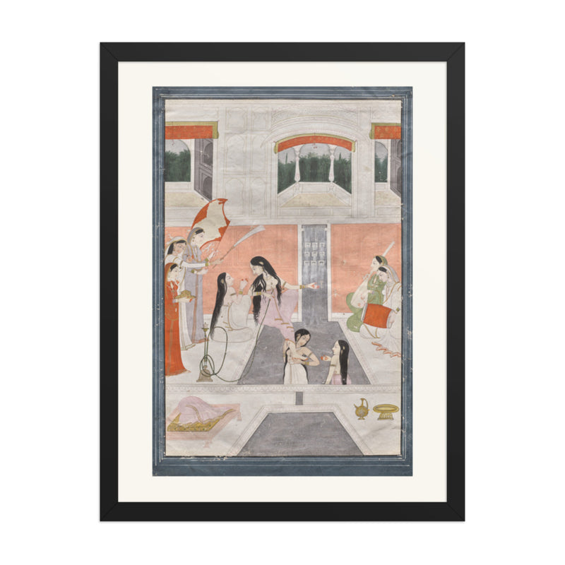 Palace women enjoy music by the side of a cascade — Restored Pahari Wall Art