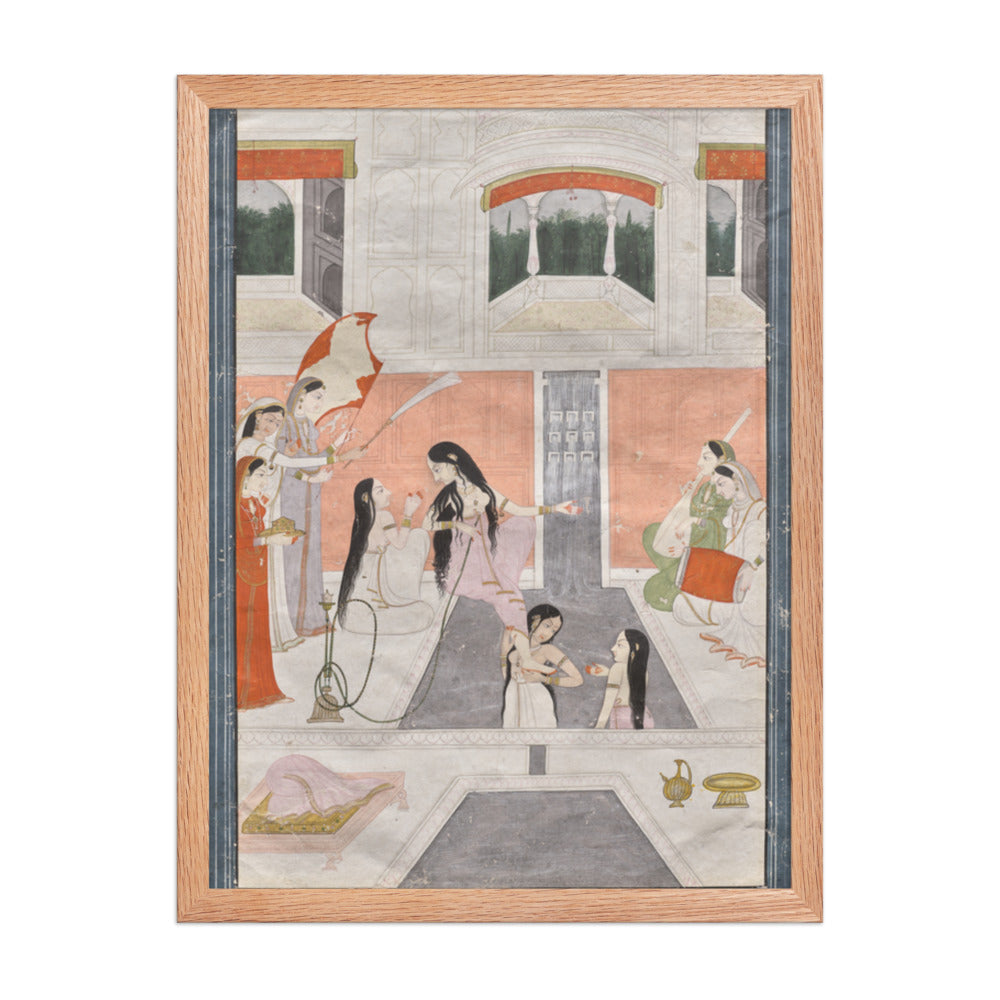 Palace women enjoy music by the side of a cascade — Restored Pahari Wall Art — view 3