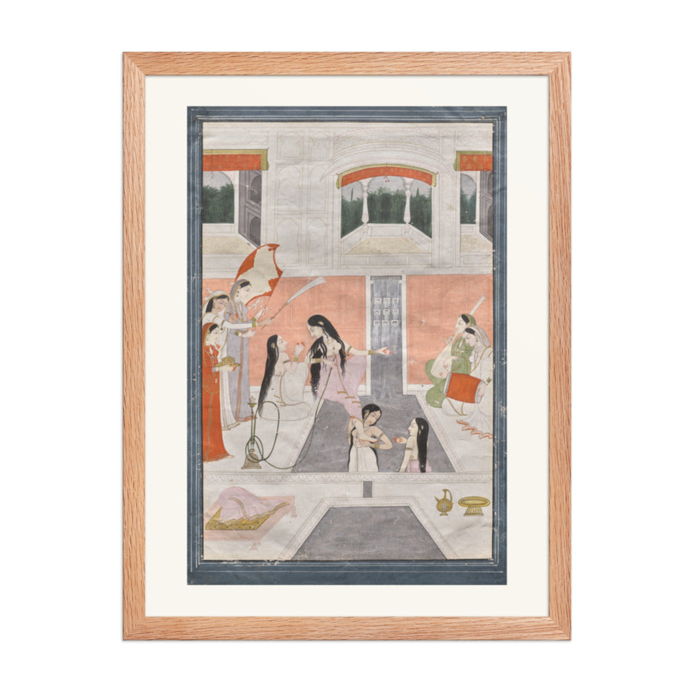 Palace women enjoy music by the side of a cascade — Restored Pahari Wall Art — view 3