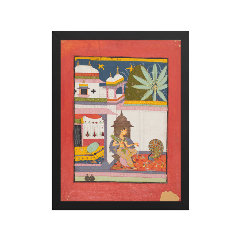Woman Addressing a Peacock: Gujari Ragini of Megh, from a Ragamala — Restored Rajput Wall Art — view 2