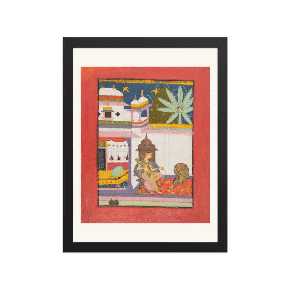 Woman Addressing a Peacock: Gujari Ragini of Megh, from a Ragamala — Restored Rajput Wall Art — view 2