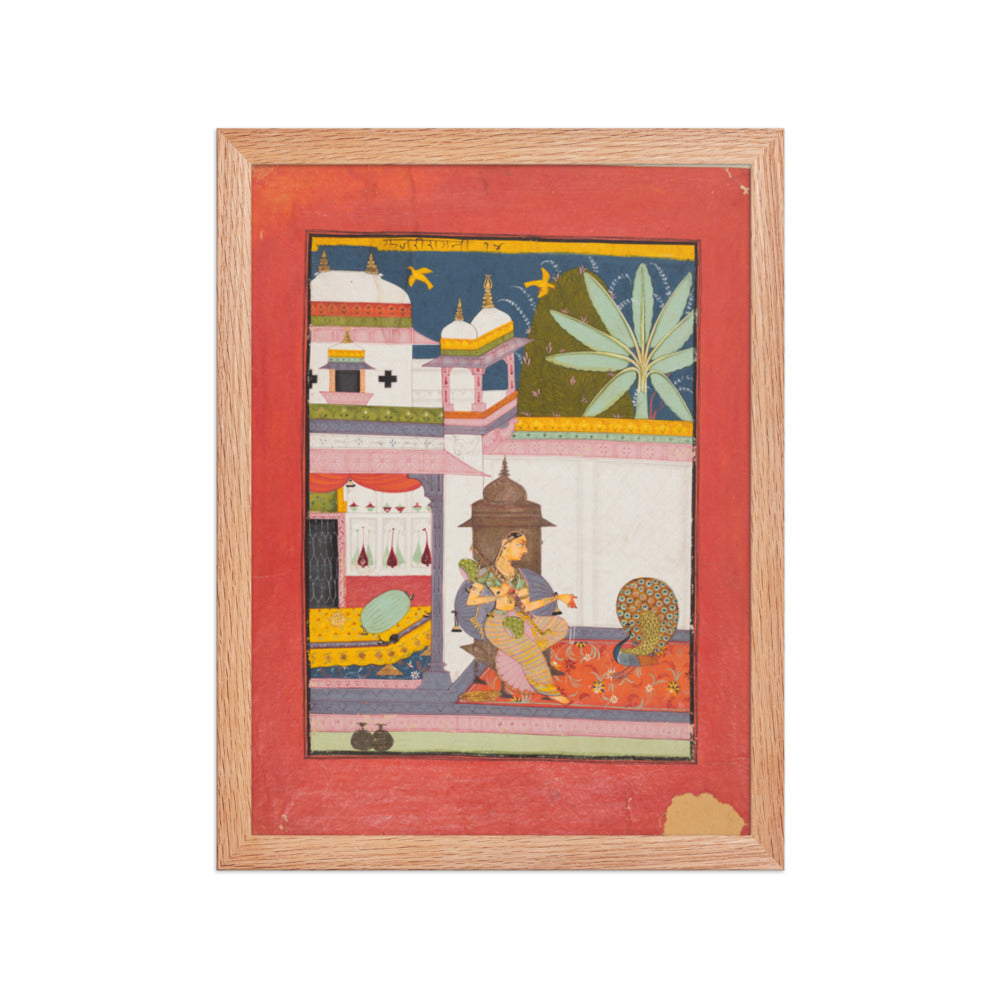 Woman Addressing a Peacock: Gujari Ragini of Megh, from a Ragamala — Restored Rajput Wall Art — view 4