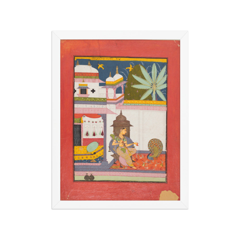 Woman Addressing a Peacock: Gujari Ragini of Megh, from a Ragamala — Restored Rajput Wall Art — view 6