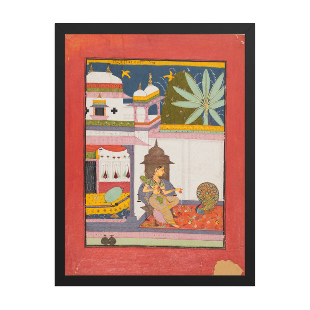 Woman Addressing a Peacock: Gujari Ragini of Megh, from a Ragamala — Restored Rajput Wall Art — view 1