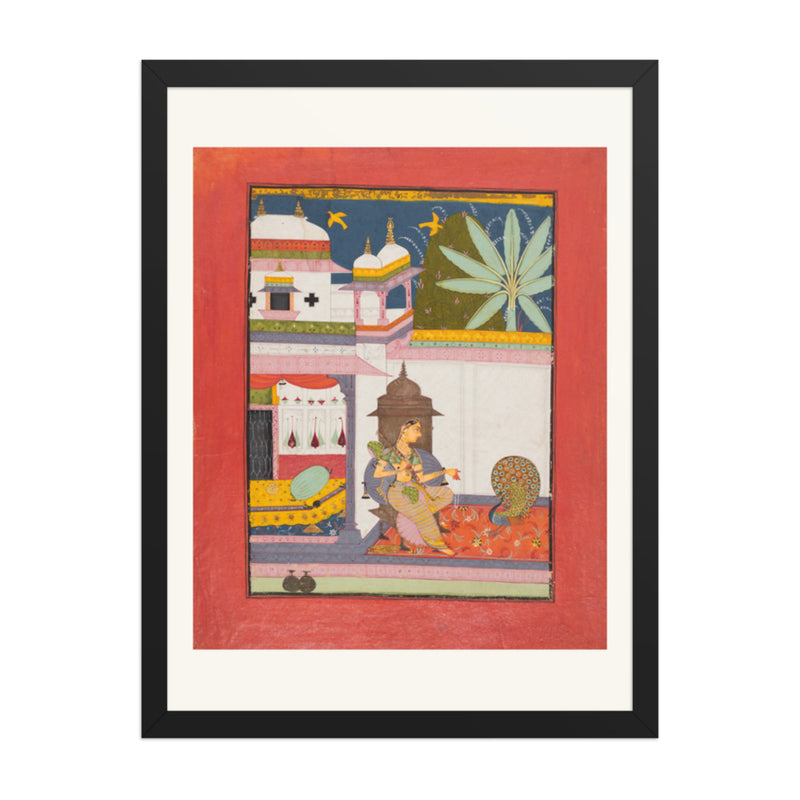Woman Addressing a Peacock: Gujari Ragini of Megh, from a Ragamala — Restored Rajput Wall Art