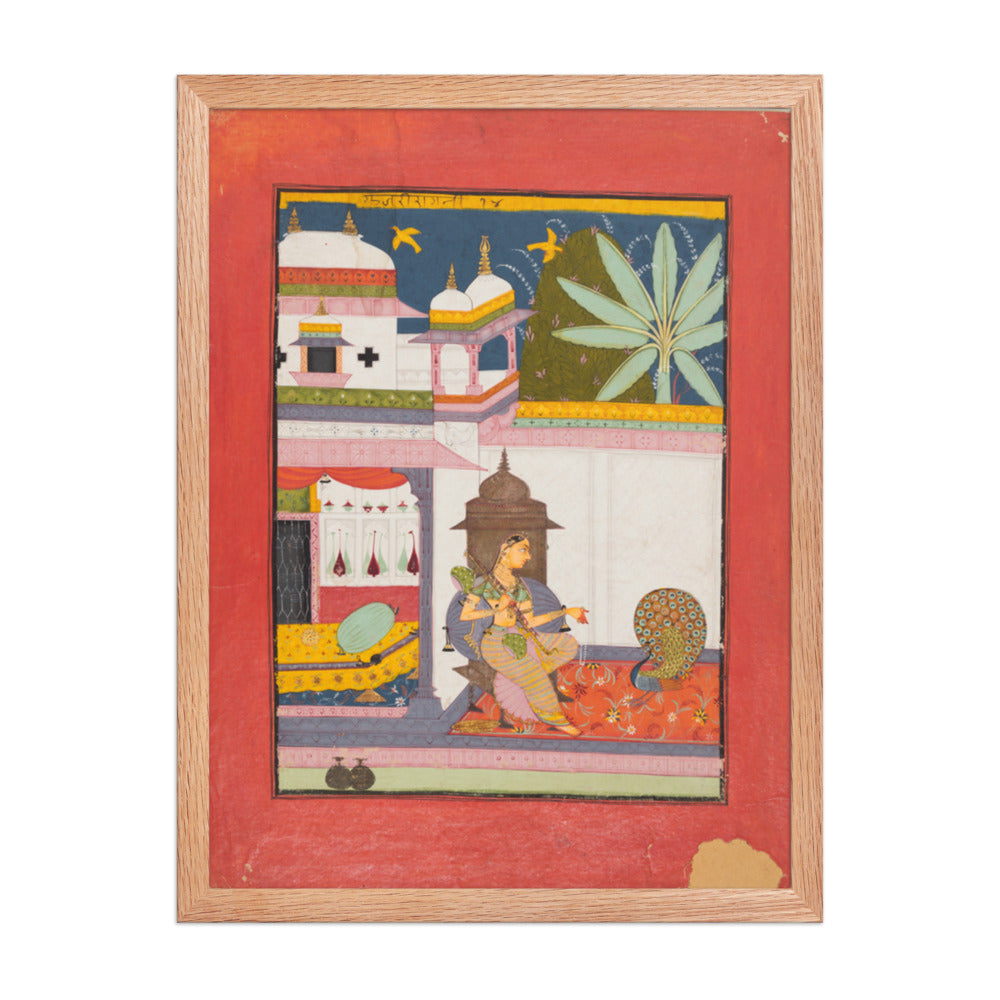 Woman Addressing a Peacock: Gujari Ragini of Megh, from a Ragamala — Restored Rajput Wall Art — view 3