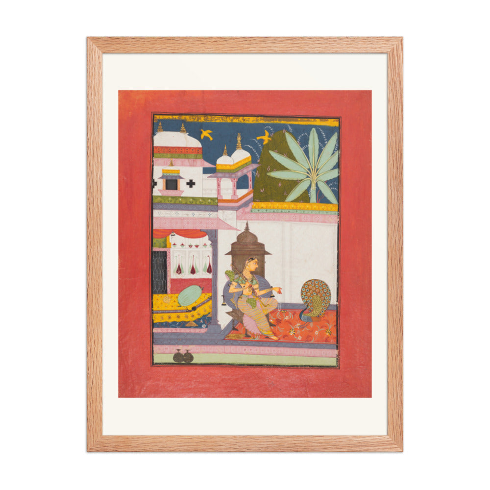 Woman Addressing a Peacock: Gujari Ragini of Megh, from a Ragamala — Restored Rajput Wall Art — view 3