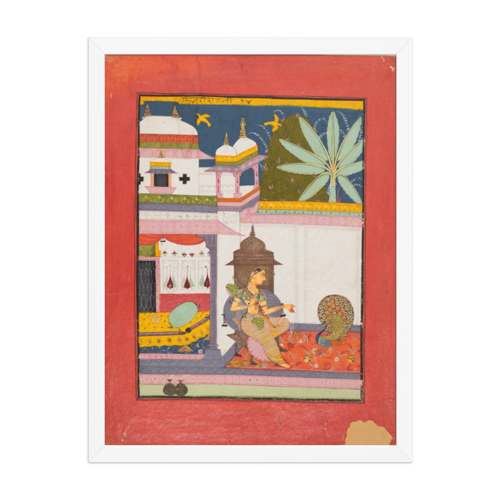 Woman Addressing a Peacock: Gujari Ragini of Megh, from a Ragamala — Restored Rajput Wall Art — view 5