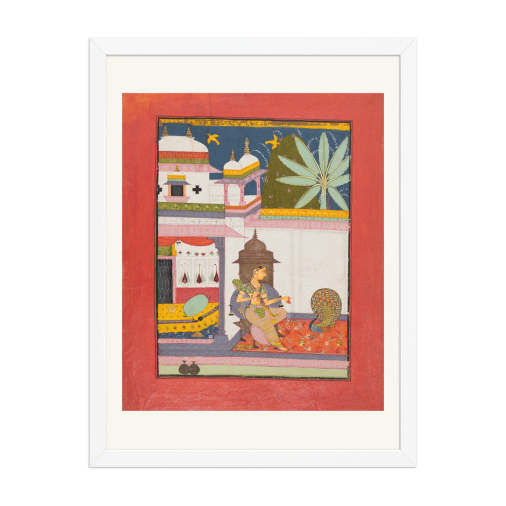 Woman Addressing a Peacock: Gujari Ragini of Megh, from a Ragamala — Restored Rajput Wall Art — view 5